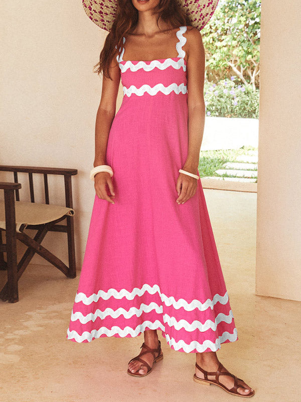 Contrast Color Zipper A-Line High Waisted Square-Neck Midi Dresses