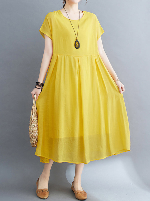 Solid Color Split-Joint Loose Short Sleeves Round-neck Midi Dresses