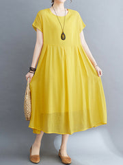 Solid Color Split-Joint Loose Short Sleeves Round-neck Midi Dresses