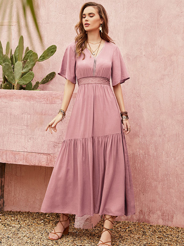 Vacation Half Sleeves Wrap Solid Color V-Neck Maxi Dress