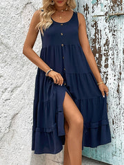 Buttoned Solid Color Tiered Loose Sleeveless Round-neck Midi Dresses