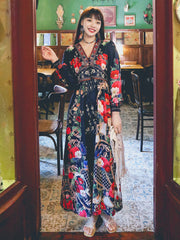 Vacation Loose Floral Patchwork V-Neck Dress