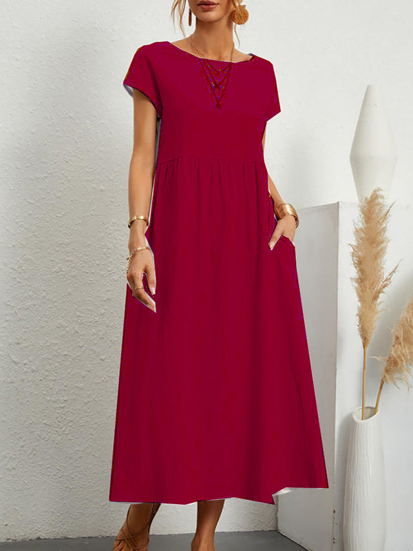 Pleated Solid Color Loose Short Sleeves Round-Neck Midi Dresses