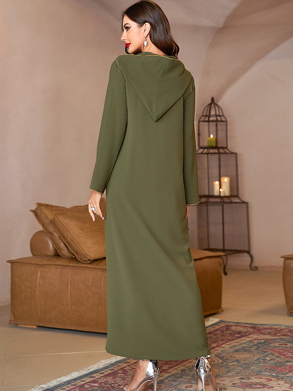 Casual Loose Long Sleeves Sequined Solid Color Hooded Dress