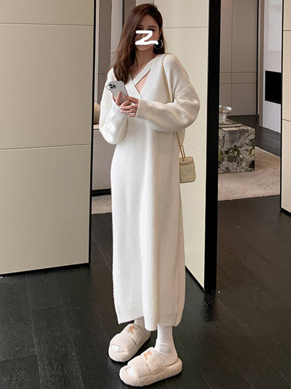 Urban Loose Long Sleeves Solid Color V-Neck Sweater Dresses