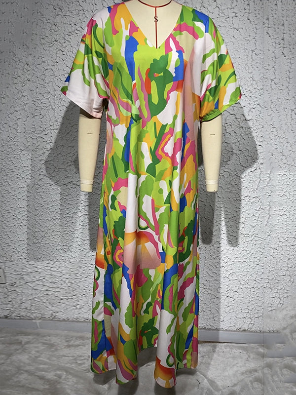 Contrast Color High-Waisted Printed Loose Short Sleeves V-neck Maxi Dresses