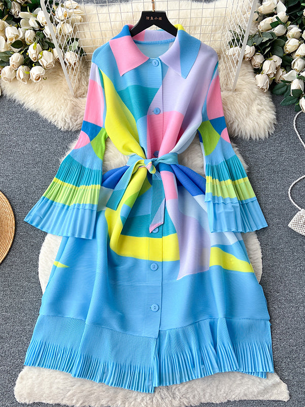 Belted Contrast Color Pleated Flared Sleeves Loose Midi Dresses