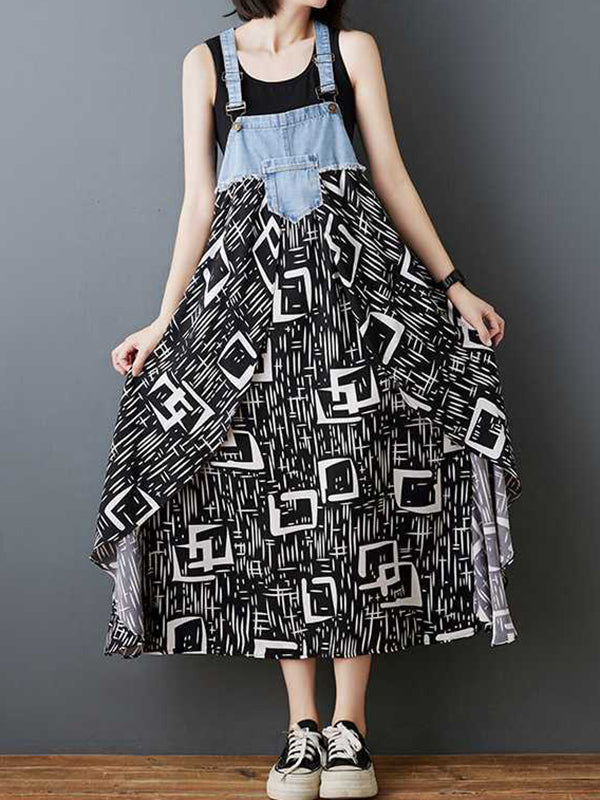 Flower Print Pockets Split-Joint Loose Plus Size Spaghetti-Neck Suspender Dress Maxi Dresses