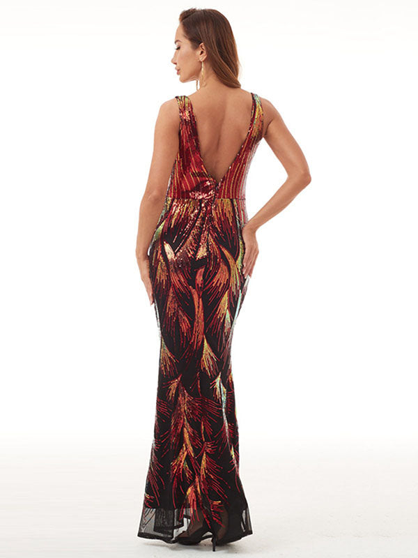 Evening  Wrap Backless Embroidered V-Neck Dress