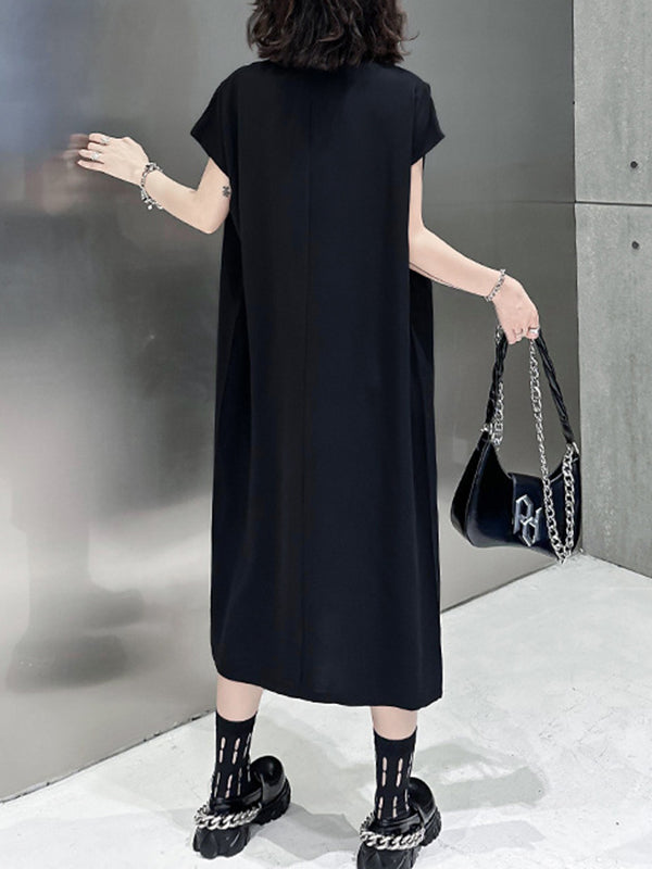 Asymmetric Solid Color Split-Joint Split-Side Loose Short Sleeves V-Neck Midi Dresses