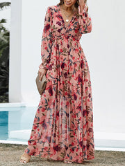 Flower Print Pleated Ruffled High Waisted Long Sleeves V-Neck Maxi Dresses