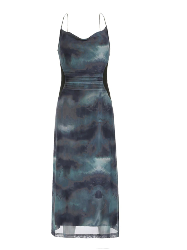 Tie Dye Mesh Halter Print Dress