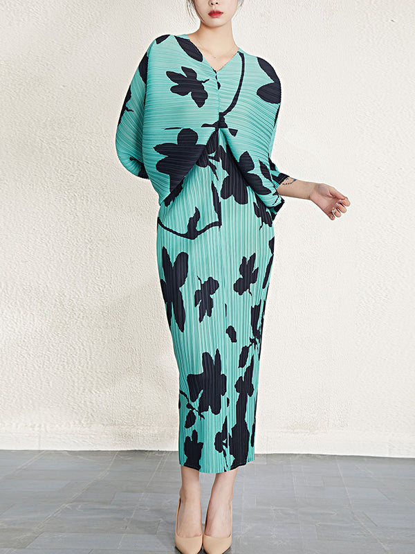 Pleated Printed Batwing Sleeves Loose V-Neck Midi Dresses