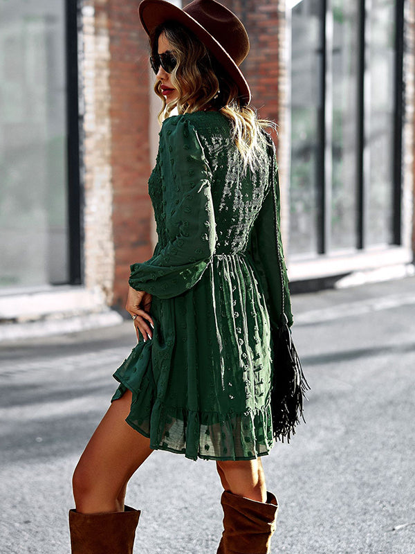 Vacation High Waisted Loose Solid  V-Neck Dress