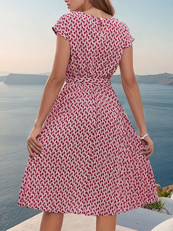 Printed Tied Waist Loose Raglan Sleeve Round-Neck Midi Dresses