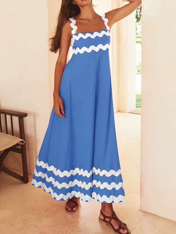 Contrast Color Zipper A-Line High Waisted Square-Neck Midi Dresses