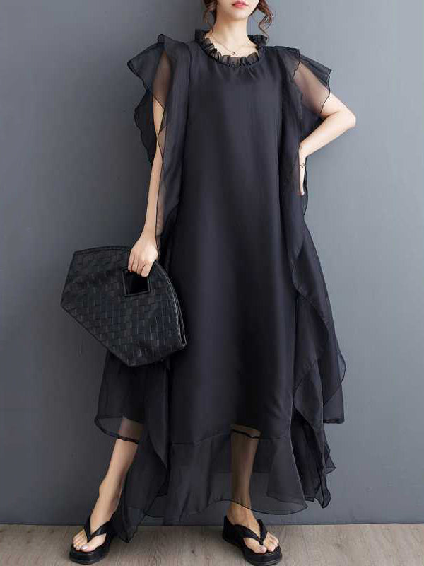 Falbala Ruffled Solid Color Loose Ruffle Sleeves Round-neck Midi Dresses