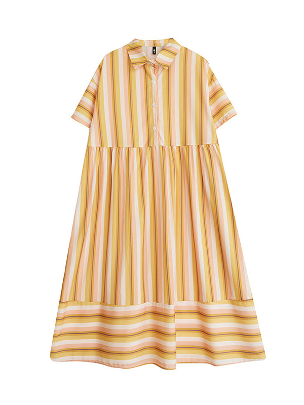 Split-Joint Striped Loose Short Sleeves Lapel Midi Dresses
