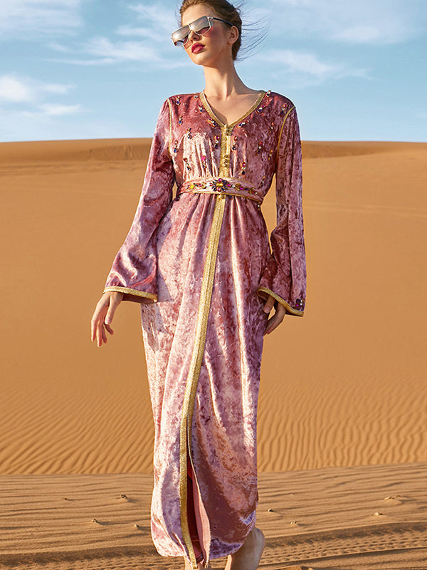 Vacation Long Sleeves Loose Lace-Up Embroidered V-Neck Dress