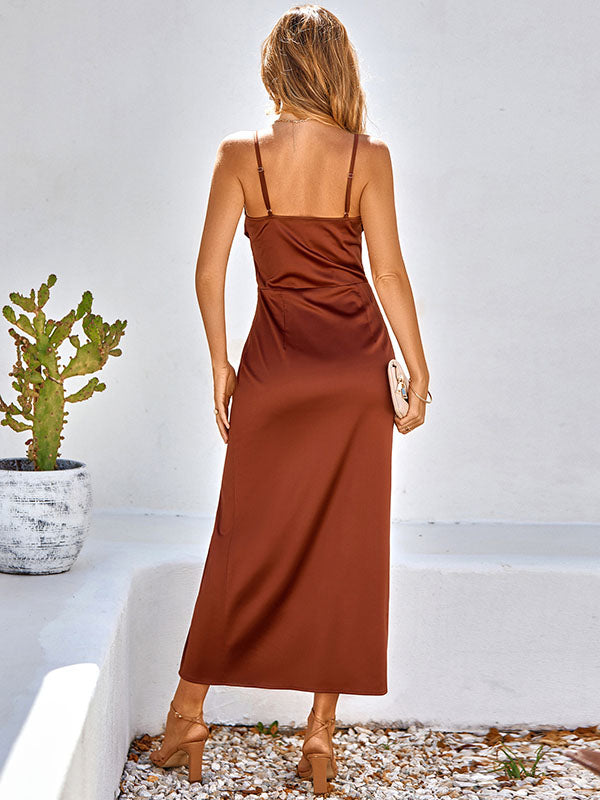 Vacation Sleeveless Wrap Solid Color U-Neck Maxi Dress