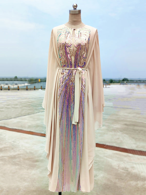 Loose A-Line Lace-Up Embroidered Solid Dress
