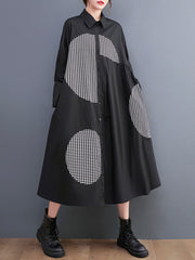Vintage Loose Long Sleeves Buttoned Printed Polka-Dot Lapel Collar Midi Dresses