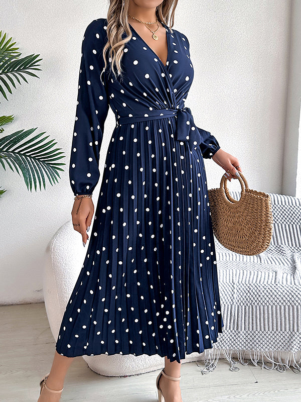 Elasticity Pleated Polka-Dot Split-Joint Tied Waist A-Line High Waisted V-Neck Shirt Dress Midi Dresses