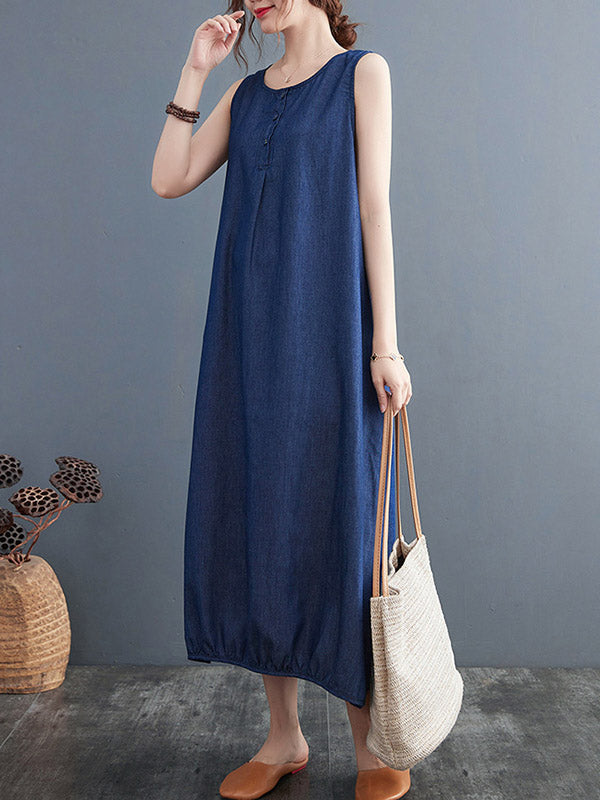 Simple Denim Blue Round-Neck Buttoned Sleeveless Midi Dress