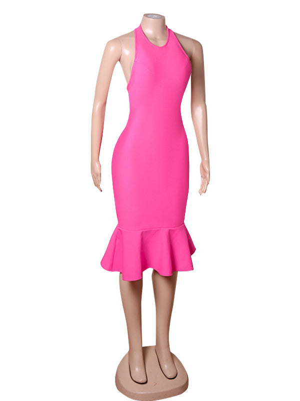Casual Wrap Solid Color Round-Neck Dress