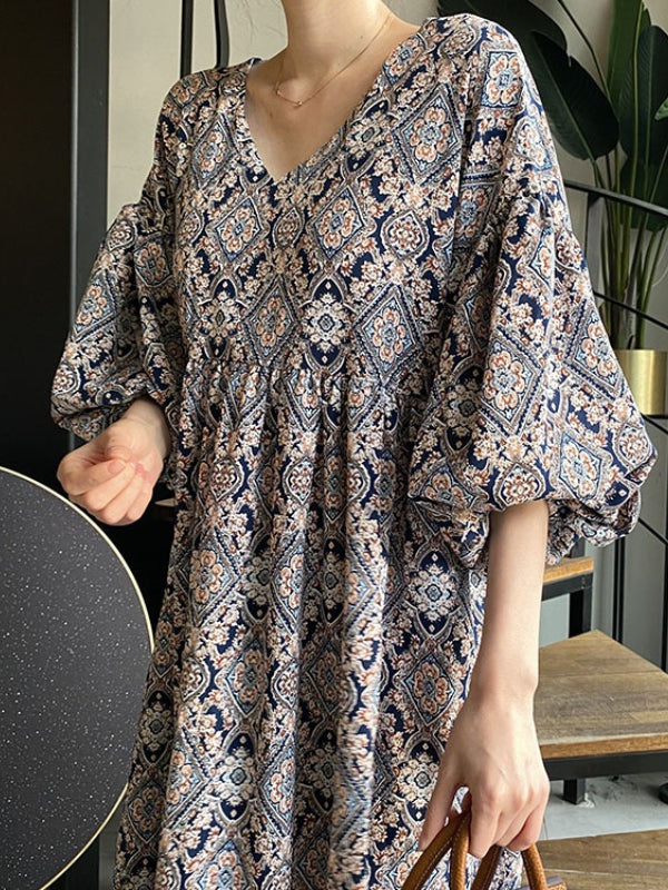 Vintage Floral Printed V-Neck Pleated Puff Sleeves Midi Dress