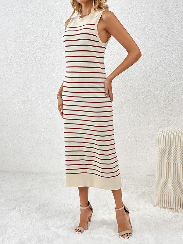 Striped Loose Sleeveless Round-Neck Midi Dresses Knit Dresses