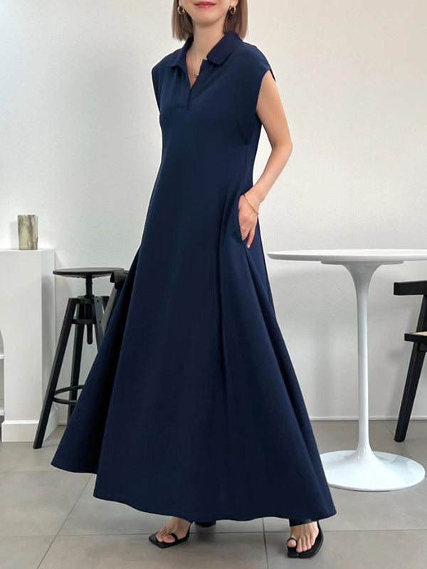Pleated Solid Color Loose Raglan Sleeve Lapel Maxi Dresses