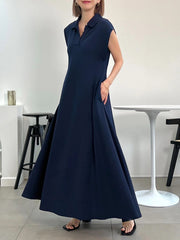 Pleated Solid Color Loose Raglan Sleeve Lapel Maxi Dresses
