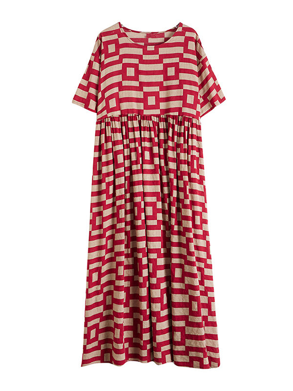 Plaid Loose Short Sleeves Round-Neck Midi Dresses
