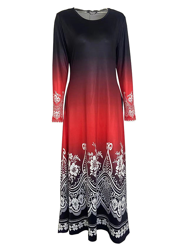 Contrast Color Floral Printed Long Sleeves Round-neck Maxi Dresses