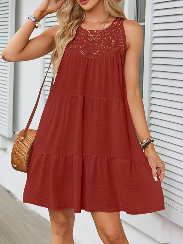 Hollow Pleated Solid Color Split-Joint Loose Sleeveless Round-Neck Mini Dresses