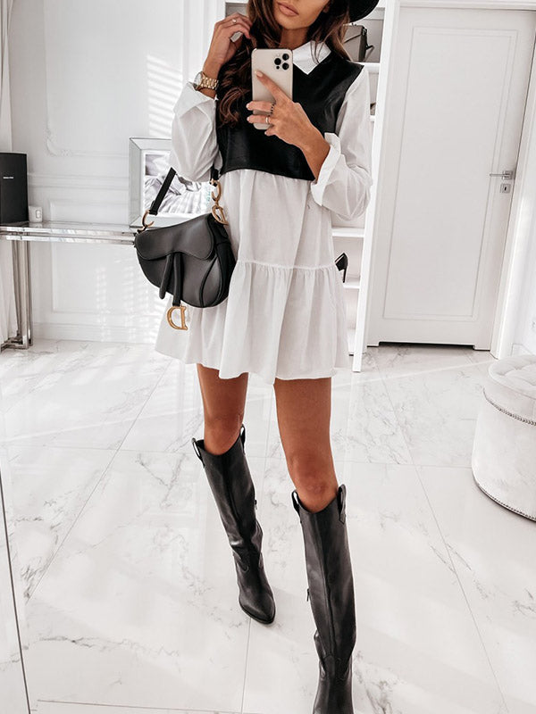 Contrast Color Pleated Split-Joint Long Sleeves Loose Lapel Mini Dresses