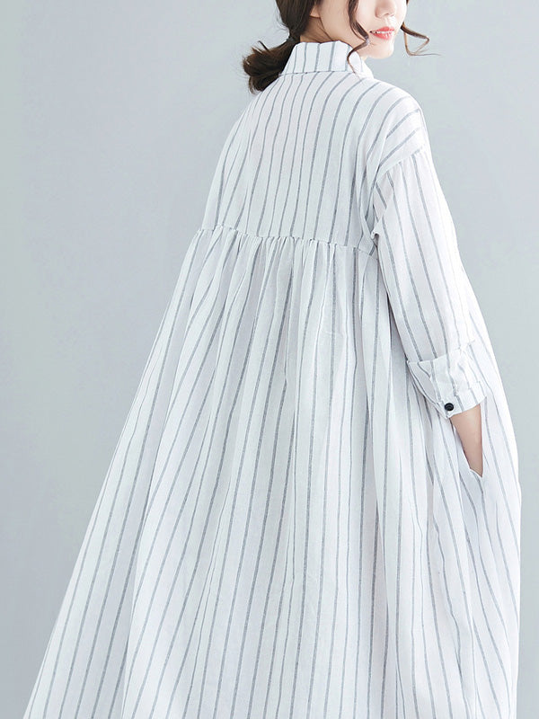 Simple Striped Buttoned Lapel Long Sleeves Shirt Dress