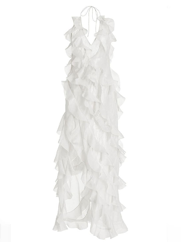 Backless Mesh Ruffle Trim See-Through Split-Side Tied Loose Sleeveless Halter-Neck Maxi Dresses