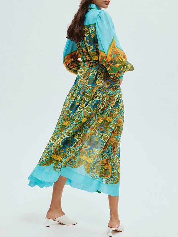 Floral Print Long Sleeves Ruffled Maxi Dresses
