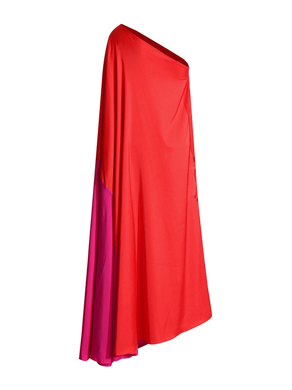 Asymmetric Contrast Color Split-Joint High Waisted Loose One-shoulder Maxi Dresses