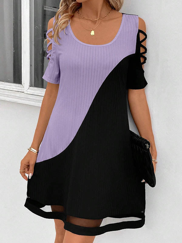 Contrast Color Hollow Mesh Split-Joint A-Line Loose Cold Shoulder Mini Dresses