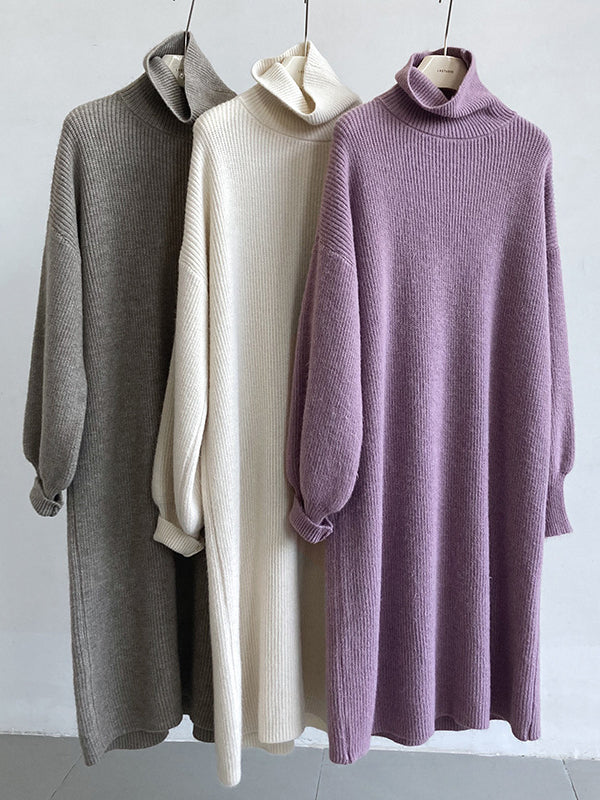 Urban Loose Puff Sleeves Solid Color High-Neck Sweater Dresses