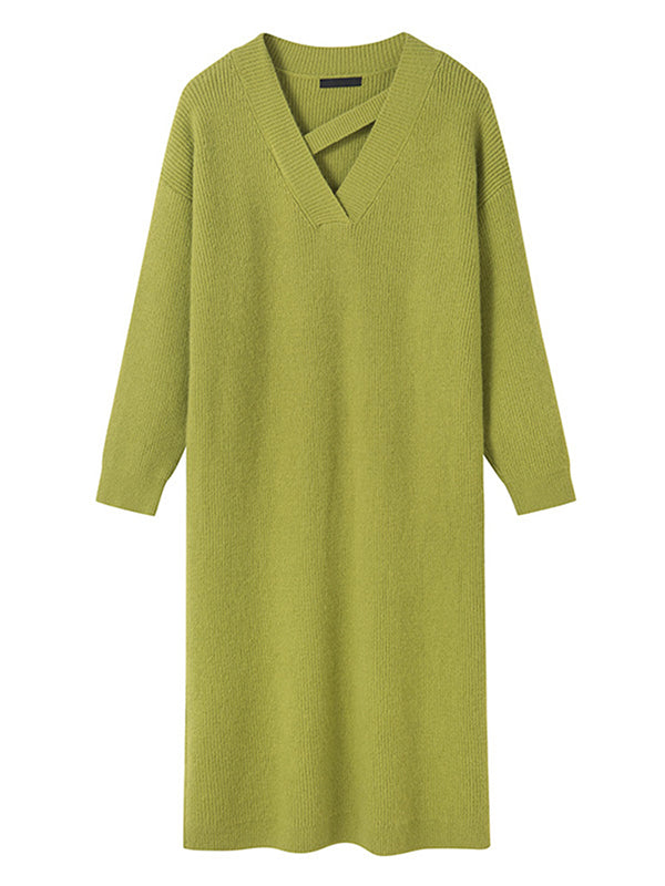 Urban Loose Long Sleeves Solid Color V-Neck Sweater Dresses