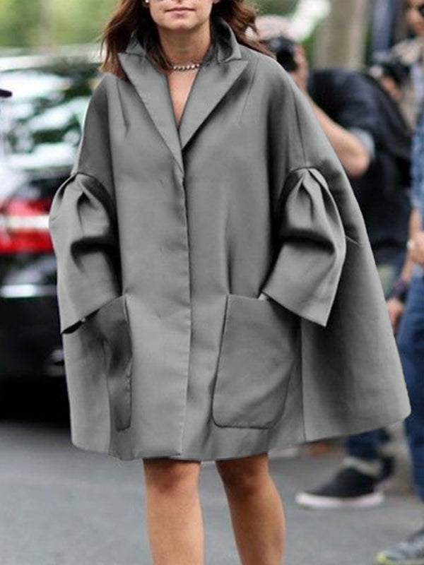 Pockets Solid Color Flared Sleeves Long Sleeves Notched Collar Shirt Dress Mini Dresses