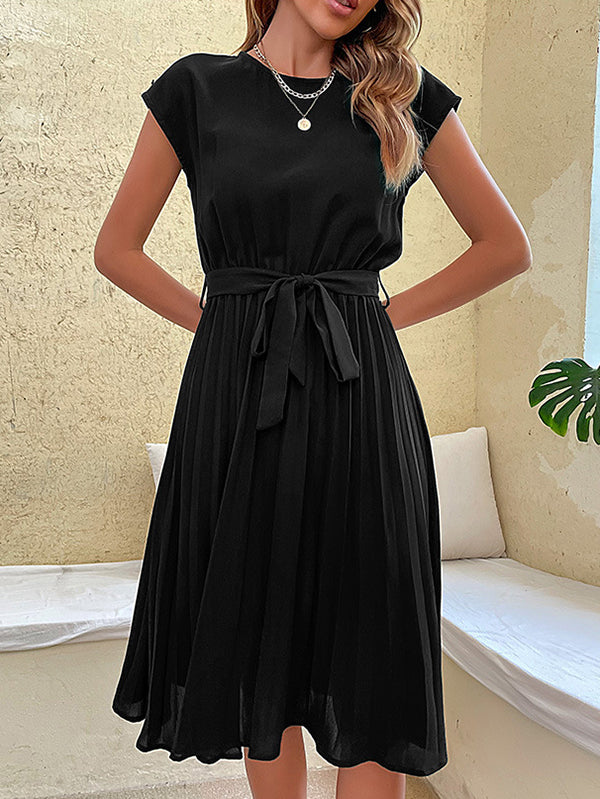 Pleated Solid Color Tied Waist A-Line Loose Round-Neck Midi Dresses