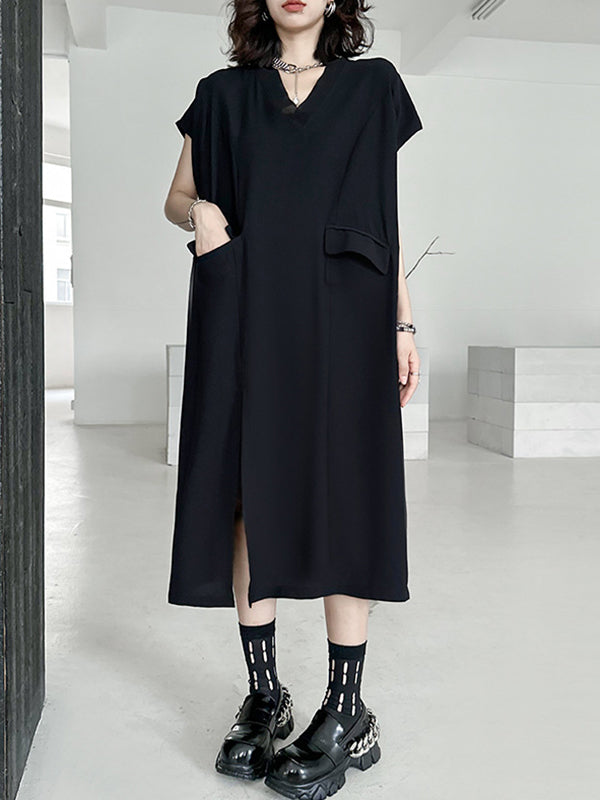 Asymmetric Solid Color Split-Joint Split-Side Loose Short Sleeves V-Neck Midi Dresses