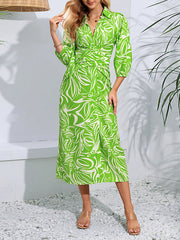 Elasticity Printed Tied Waist A-Line High Waisted Lapel Shirt Dress Midi Dresses