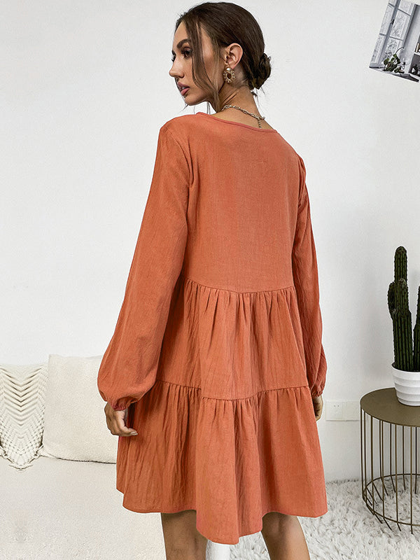 Bohemia Loose Buckle Round-Neck Dress