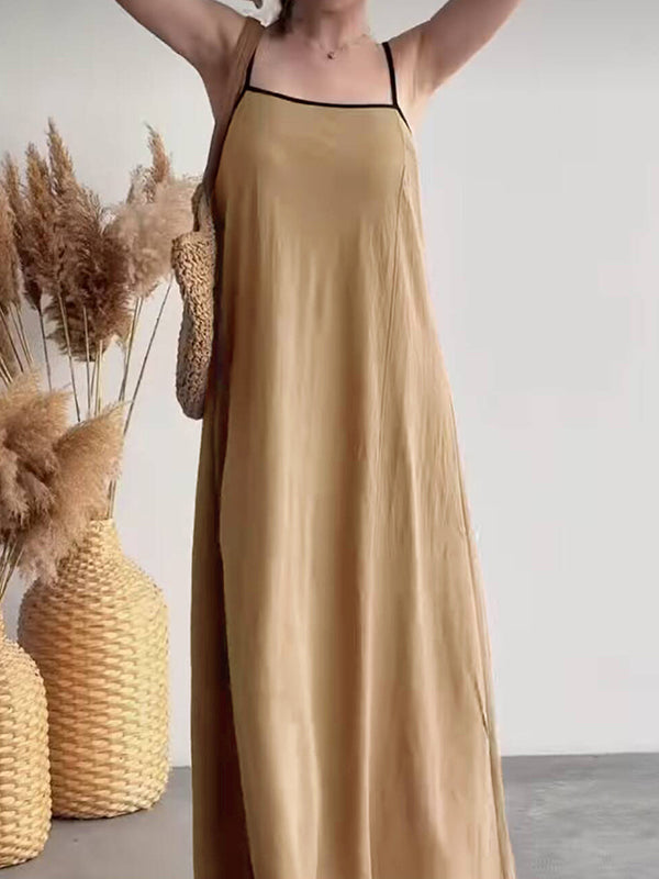 Split-Joint A-Line Loose Spaghetti-Neck Maxi Dresses